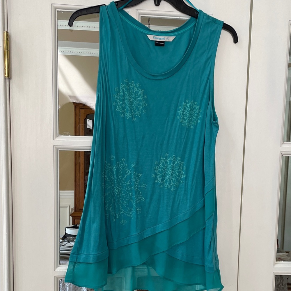 Desigual Teal Layered Sleeveless Tank with Mandala Print